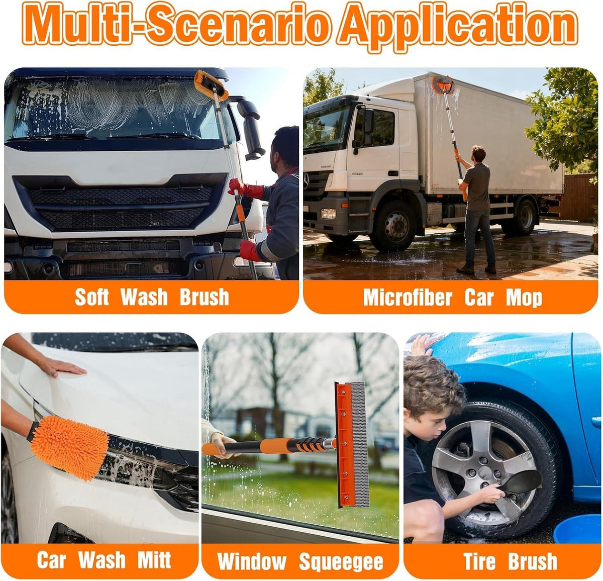 Car Wash Brush Cleaning Kit 3.6m Telescopic Pole Bristle Mop Window Squeegee