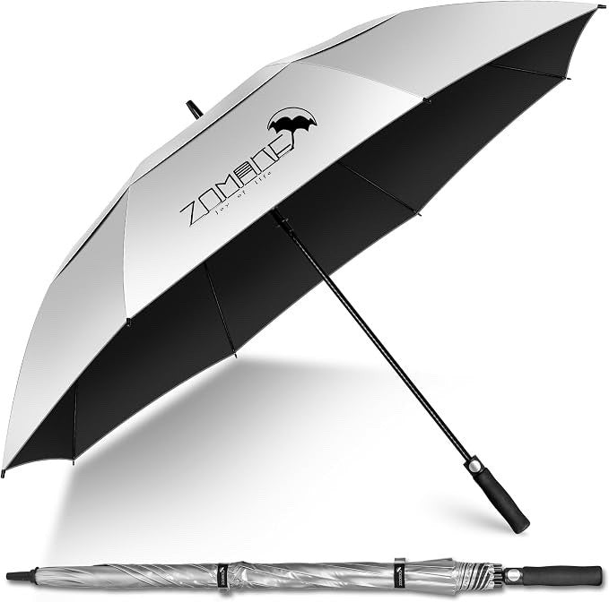 Golf Umbrella Windproof UV 62in XXL Silver Black Double Canopy Auto Open Sun