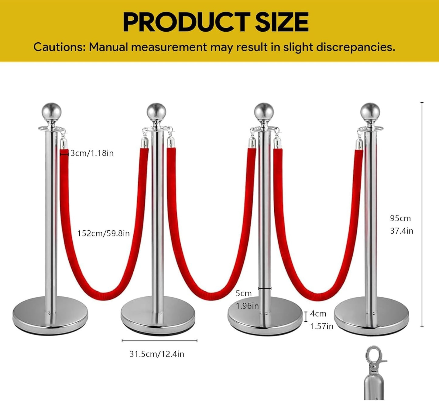4Pcs Stainless Steel Stanchion Posts Queue Set Red Velvet Rope Crowd Control