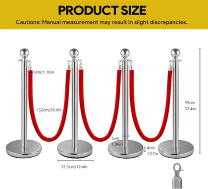 4Pcs Stainless Steel Stanchion Posts Queue Set Red Velvet Rope Crowd Control