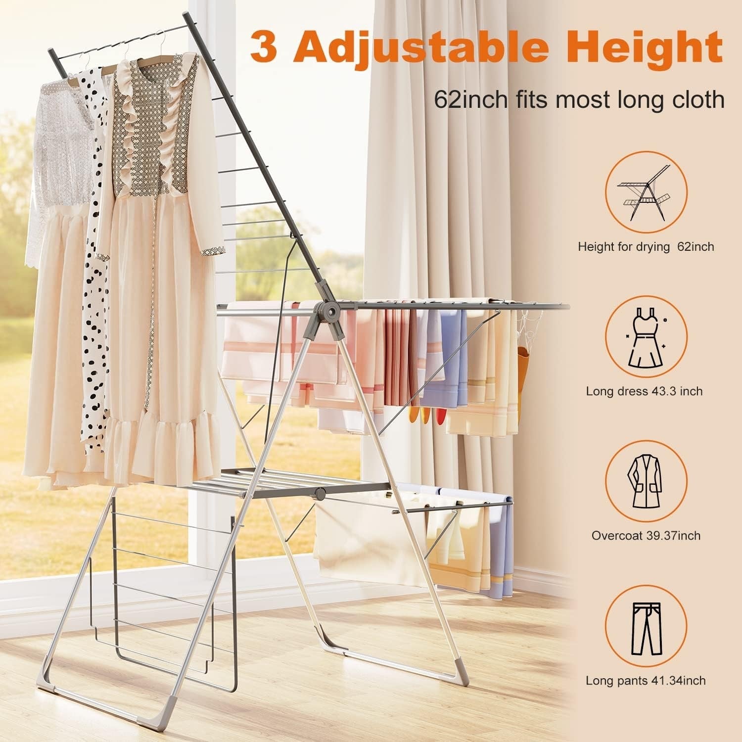 Clothes Airer Drying Rack 33 Rails Foldable Height Adjustable Indoor Outdoor