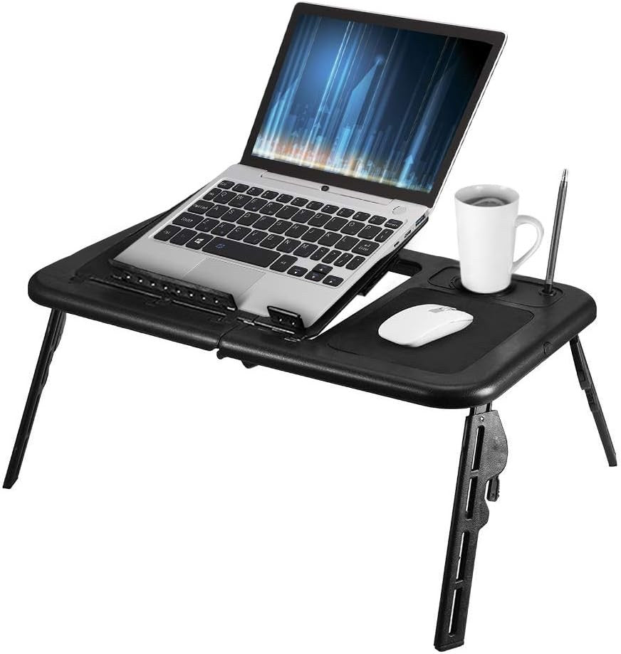 Adjustable Laptop Desk Portable Folding Table with Dual USB Cooling Fans & Mouse