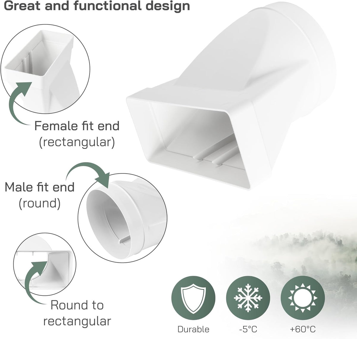 Ventilation Duct Connector 220x90mm to 150mm Round Pipe Rectangular Adapter