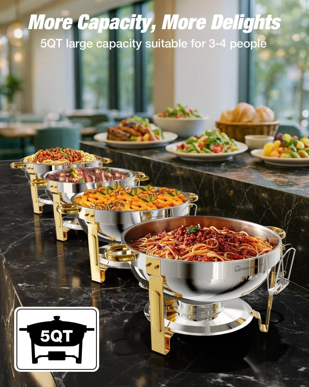 Chafing Dish Buffet Warmer 2 Pack 5L Round Stainless Steel Glass Lid Gold Set
