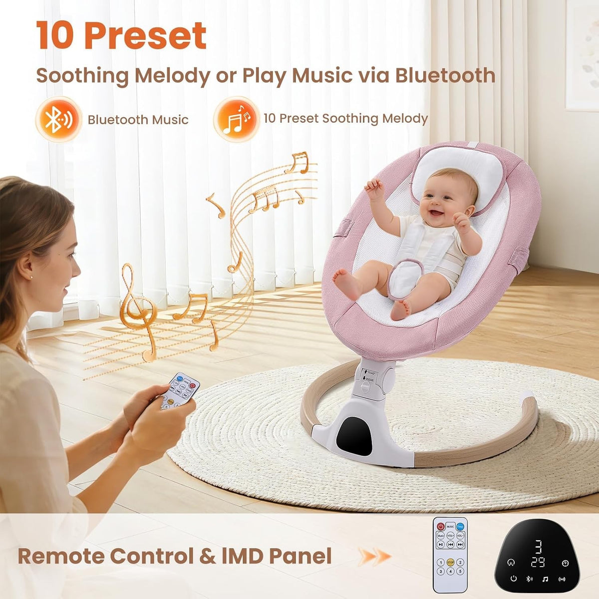 Electric Baby Swing Bouncer Newborn Pink Bluetooth 5 Speed Remote 0-6 Months