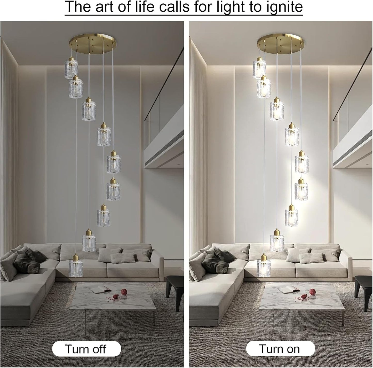 Modern Gold Chandelier 9 Light Glass Pendant E27 Adjustable 220cm Ceiling Lamp