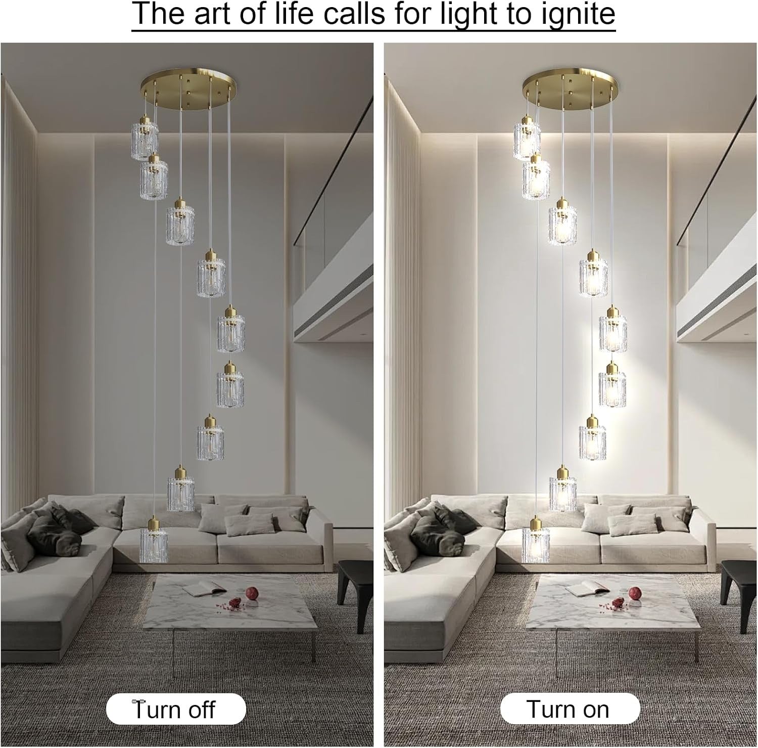 Modern Gold Chandelier 9 Light Glass Pendant E27 Adjustable 220cm Ceiling Lamp