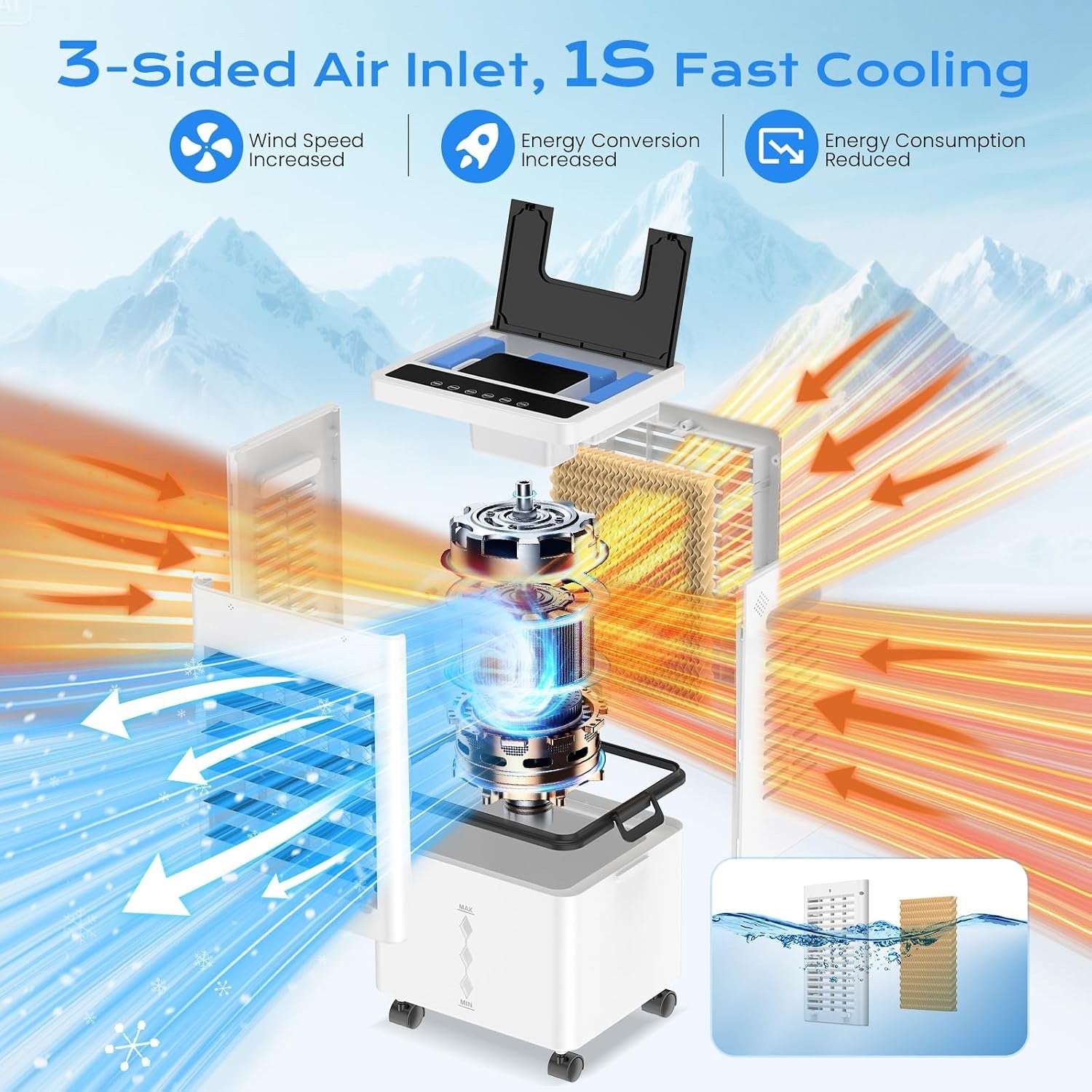 Portable Evaporative Air Cooler 12L 45W 24H Timer Remote Control Black Bladeless