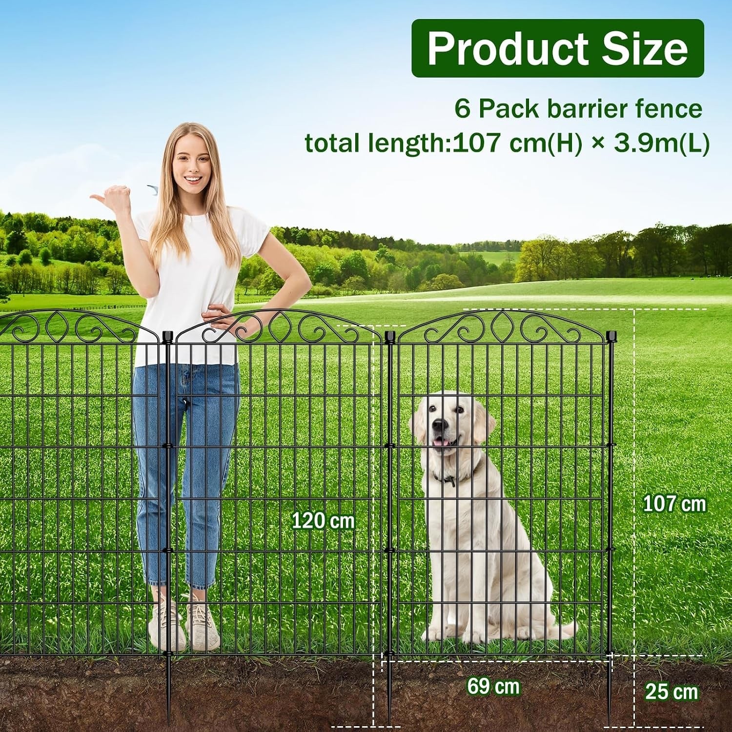 Metal Garden Fence Panels 6Pc Black Iron No Dig Outdoor Border 107cm x 389cm