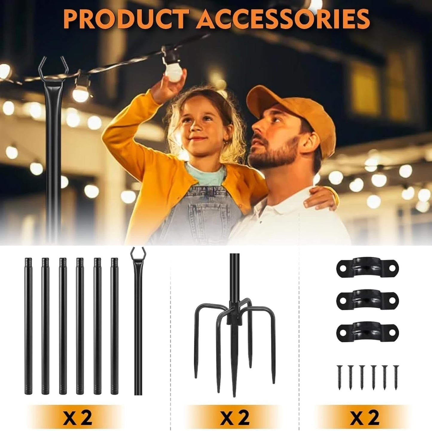 String Light Poles Outdoor 2 Pack 9.8FT Steel Garden Patio Deck Stand Black