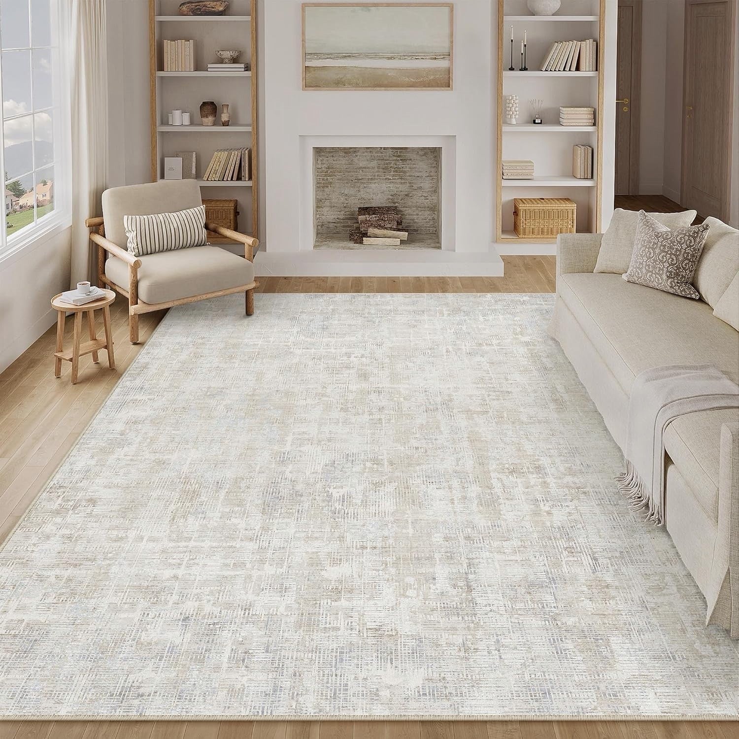 Large Area Rug Carpet 200x300cm Washable Non Slip Beige Abstract Living Room