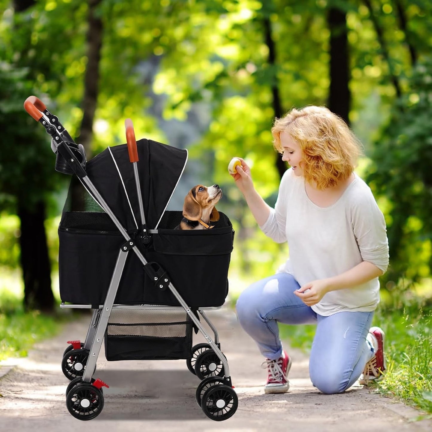 Pet Stroller Foldable Dog Cat Pram 4 Wheel Carrier Detachable Basket Black