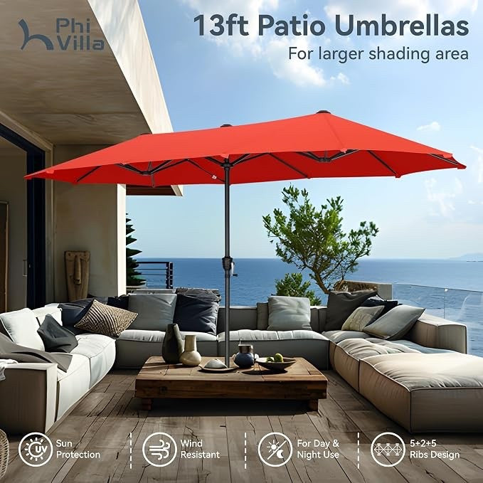Double Garden Parasol Umbrella 2x3.8m Patio Outdoor Waterproof Crank Orange Red