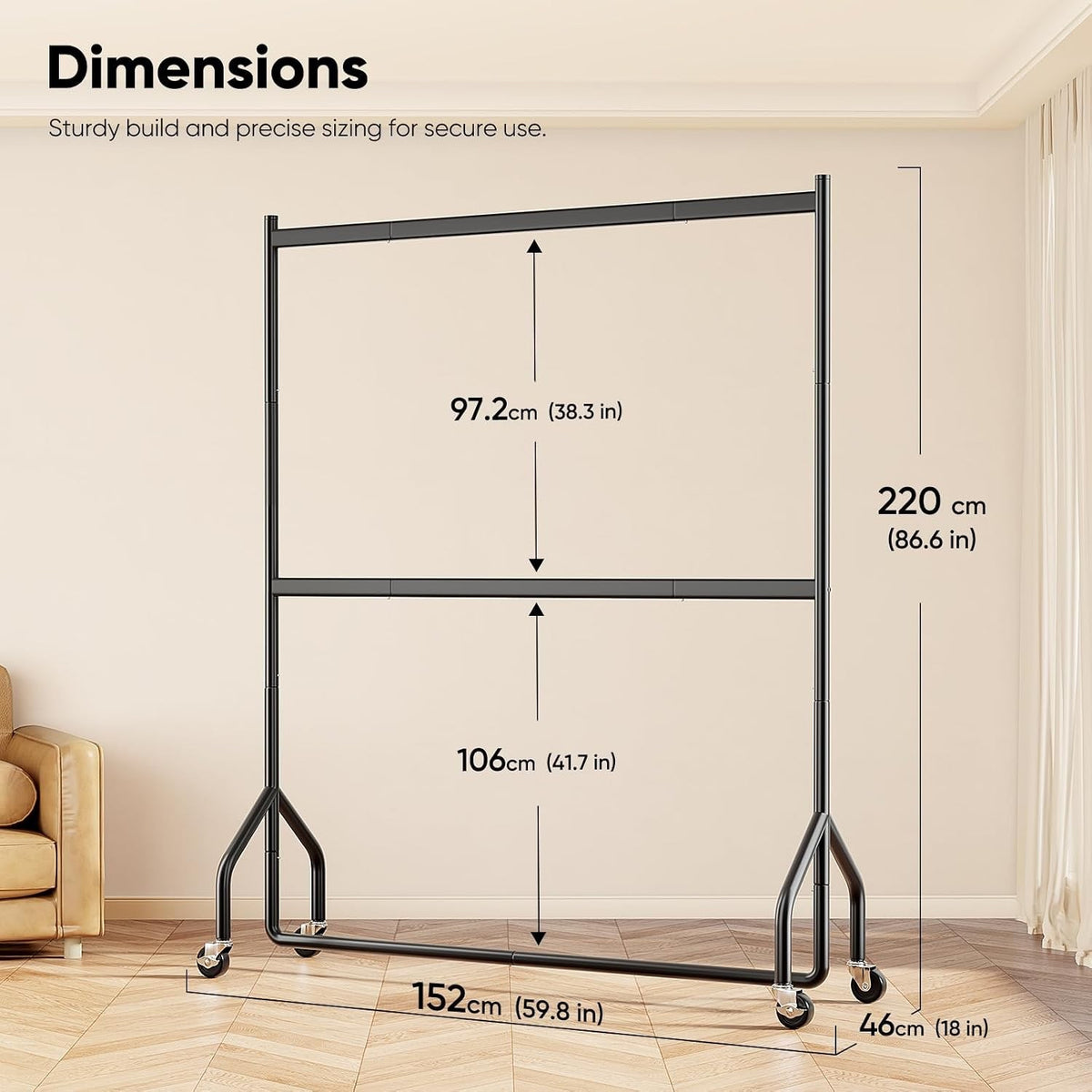 Clothes Rail Rack Heavy Duty Double Hanging Garment Stand 152cm 160kg Wheels