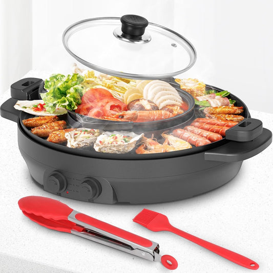 Electric Hot Pot Grill 2in1 2000W BBQ Nonstick Divider 50cm Temp Control