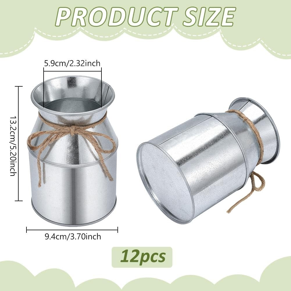 Flower Vases Metal Milk Cans 12 Pack Silver Rustic Galvanised Wedding Table