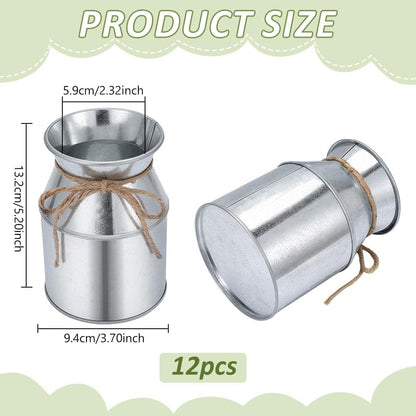 Flower Vases Metal Milk Cans 12 Pack Silver Rustic Galvanised Wedding Table