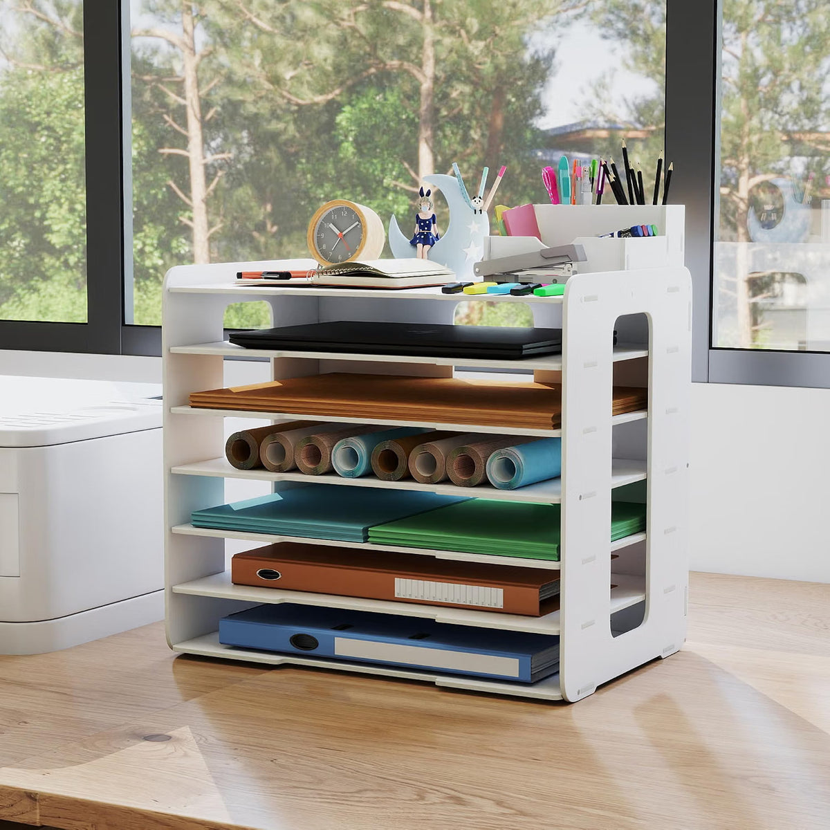 A3 Paper Organizer Desktop Storage 7 Compartment Document Sorter White PVC Rack