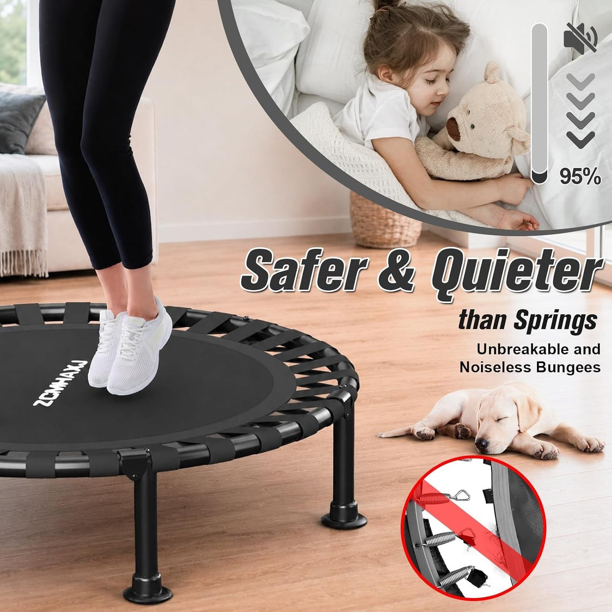 Mini Trampoline Rebounder Fitness 40 Inch Foldable Indoor Exercise Bungee Black