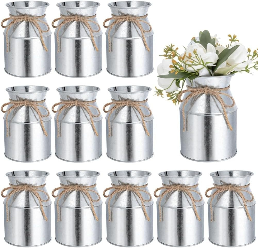 Flower Vases Metal Milk Cans 12 Pack Silver Rustic Galvanised Wedding Table