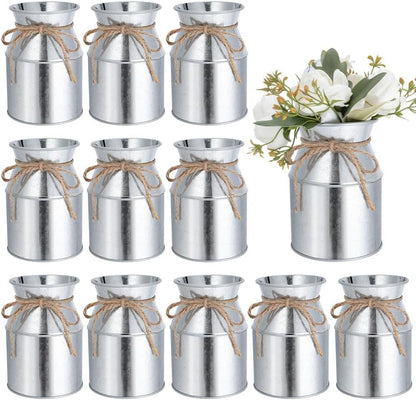 Flower Vases Metal Milk Cans 12 Pack Silver Rustic Galvanised Wedding Table