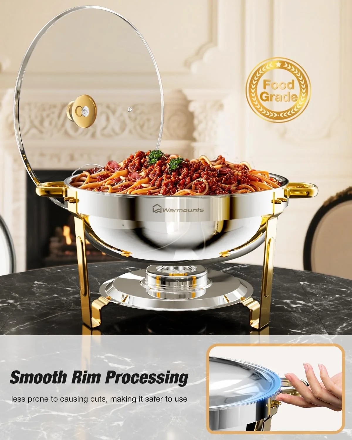 Chafing Dish Buffet Warmer 2 Pack 5L Round Stainless Steel Glass Lid Gold Set