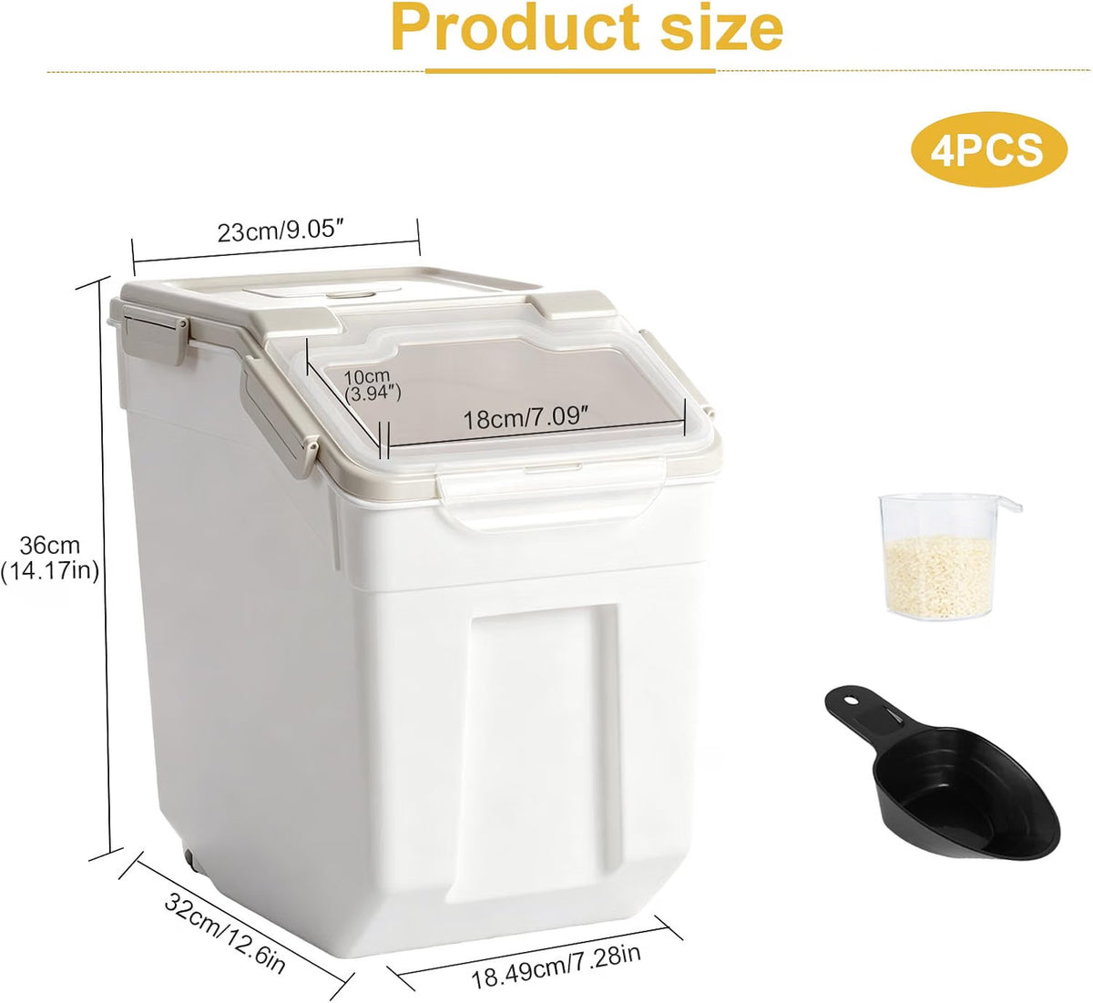 Flour Storage Containers 25lb 3 Pack Airtight Rice Bin Wheels Measuring Cup Grey