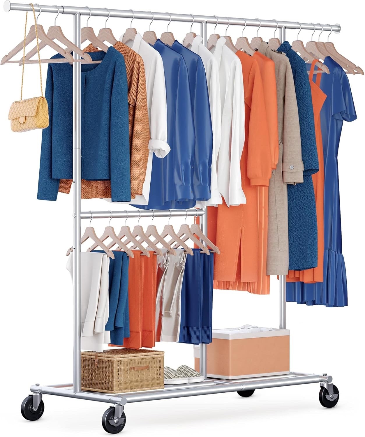 Heavy Duty Double Clothes Rail w/ Wheels 209kg Adjustable Mobile Rack