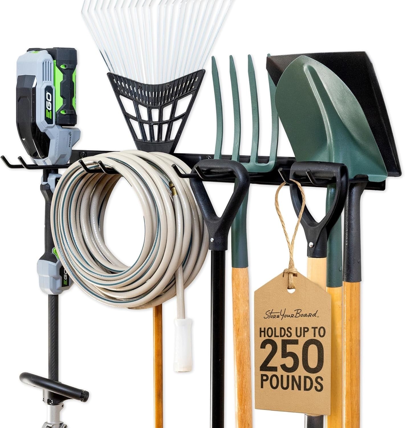 StoreYourBoard Wall-Mounted Tool Rack with 4 Heavy-Duty Garage Hooks