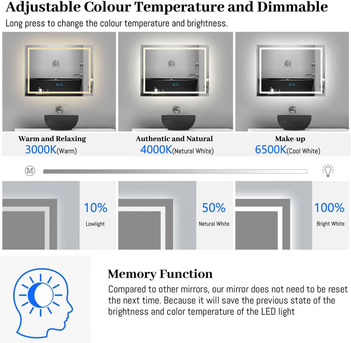 LED Bathroom Mirror Demister 100x60cm Dimmable 3 Colour Touch Memory Wall Mount