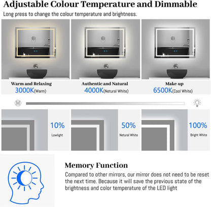 LED Bathroom Mirror Demister 100x60cm Dimmable 3 Colour Touch Memory Wall Mount
