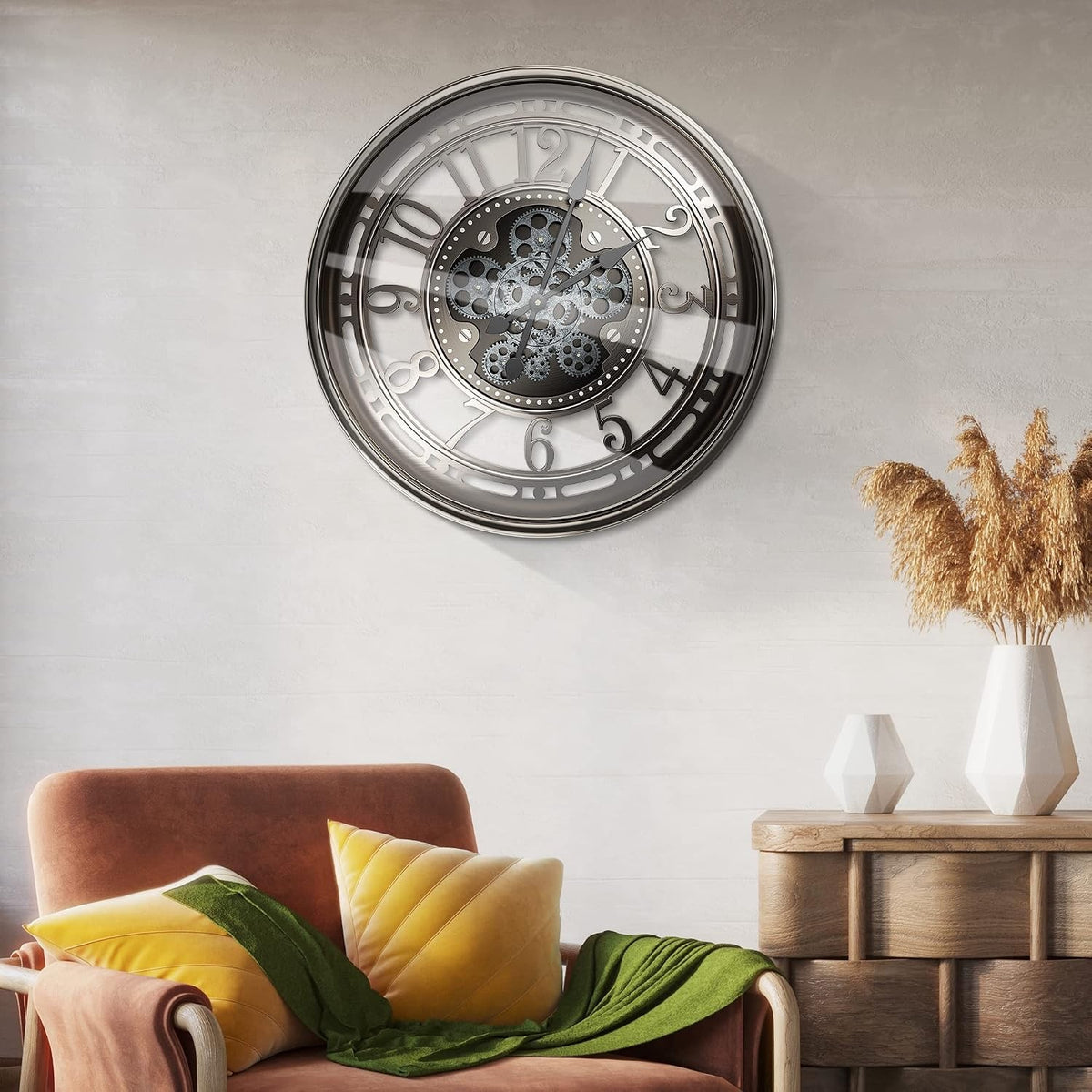 Large Wall Clock Moving Gears 53.5cm Industrial Steampunk Metal Grey Bronze Deco