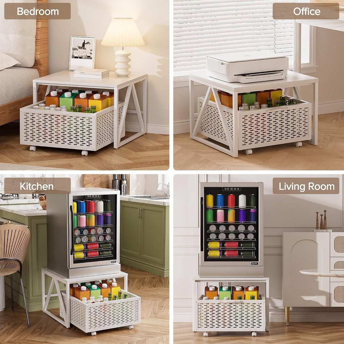 Mini Fridge Stand Storage Cart 220LB Mobile Wheels Drawer Basket White 53x53cm