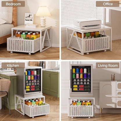 Mini Fridge Stand Storage Cart 220LB Mobile Wheels Drawer Basket White 53x53cm
