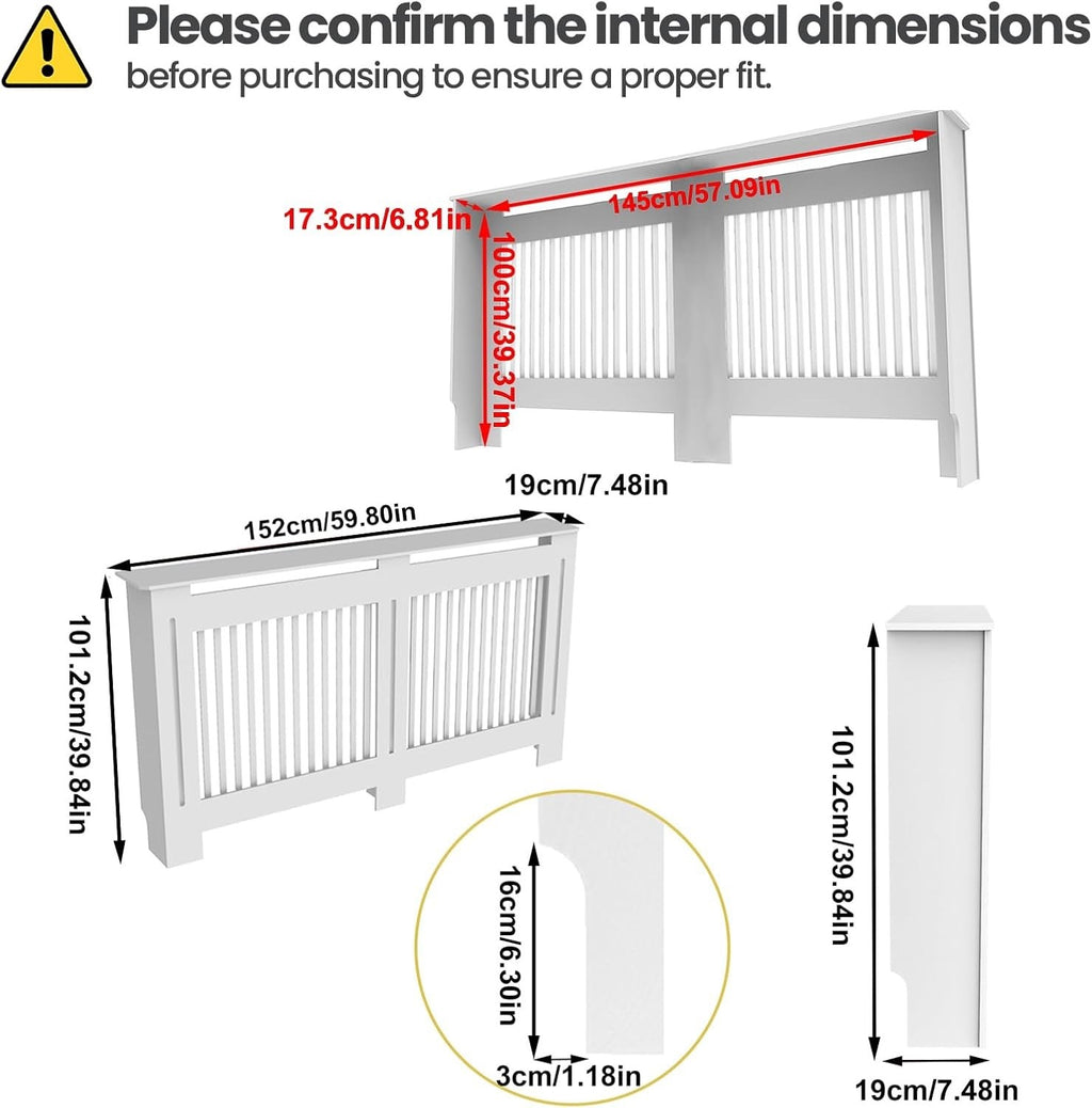 Tall White MDF Radiator Cover 100cm Internal Height Slatted Cabinet Shelf