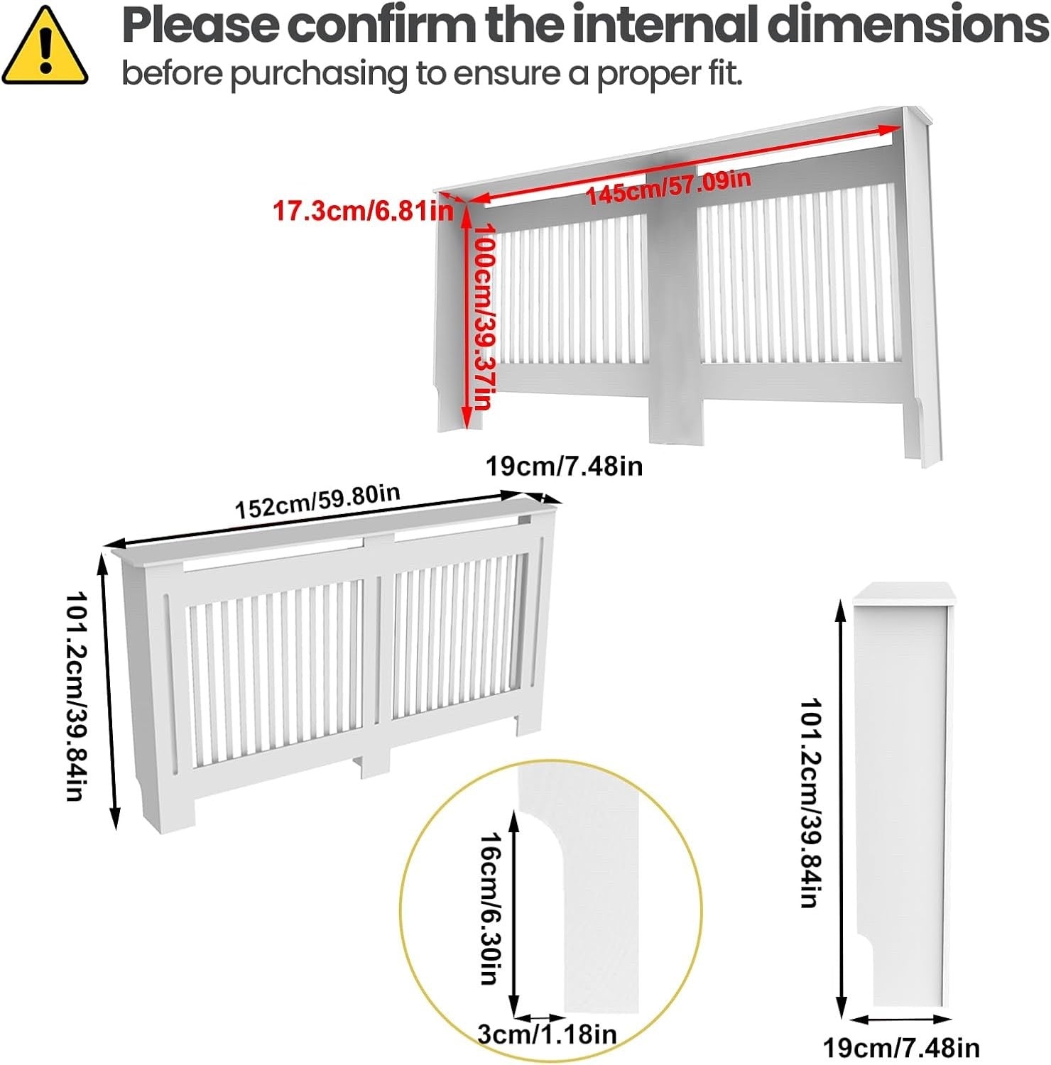 Tall White MDF Radiator Cover 100cm Internal Height Slatted Cabinet Shelf