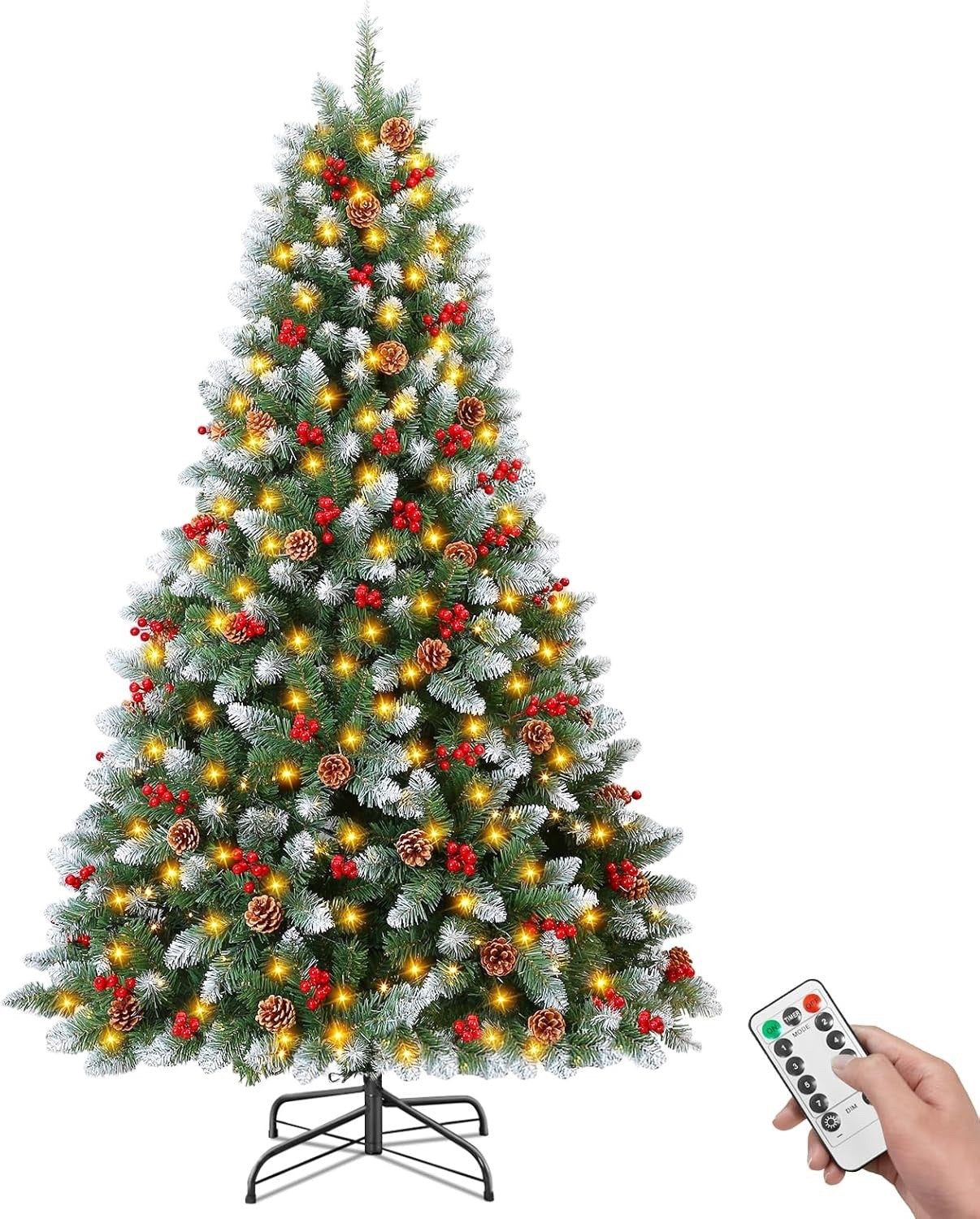 6FT Pre Lit Artificial Christmas Tree 300 Lights 847 Tips Pinecones Stand