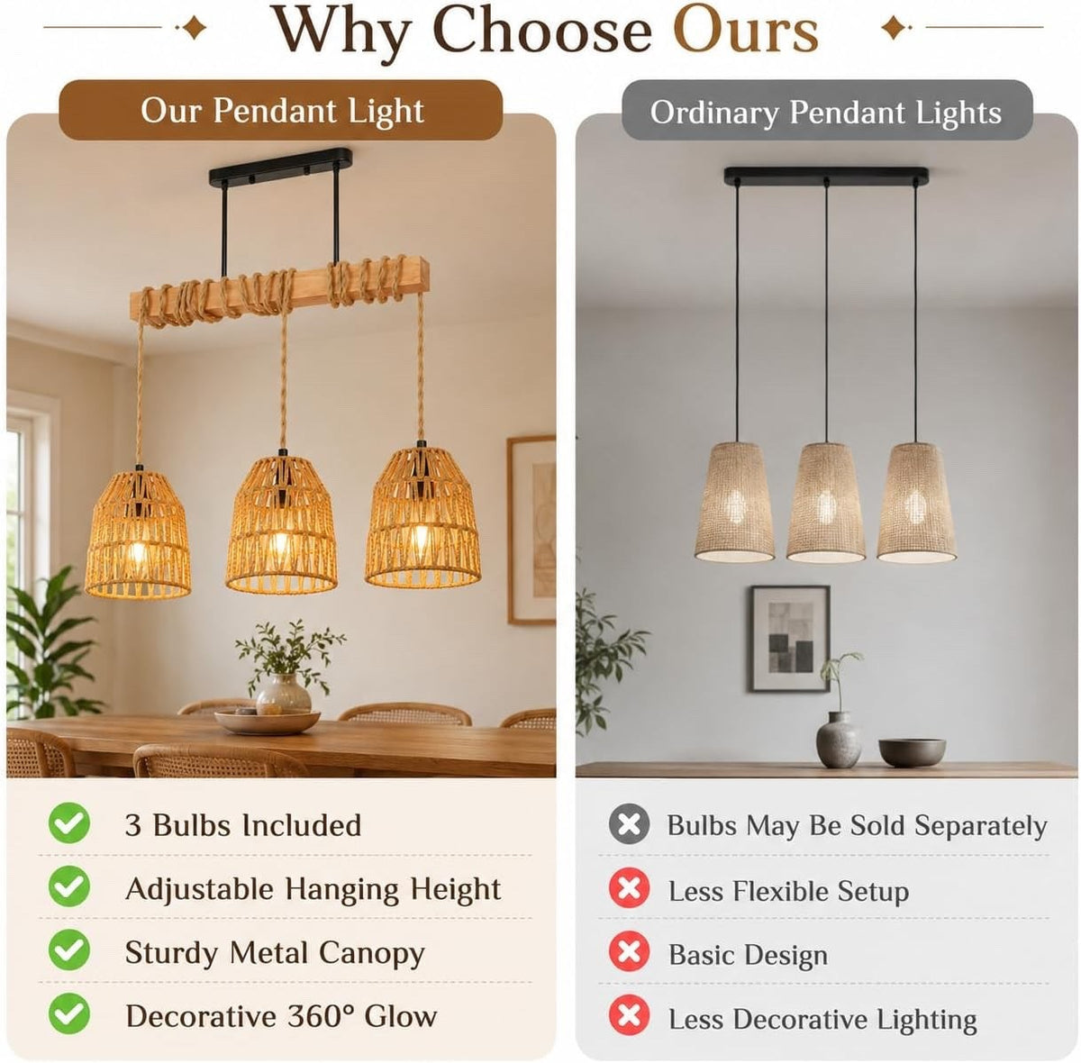 Rattan Pendant Light Chandelier Boho Brown E27 Adjustable 140cm Kitchen Lamp