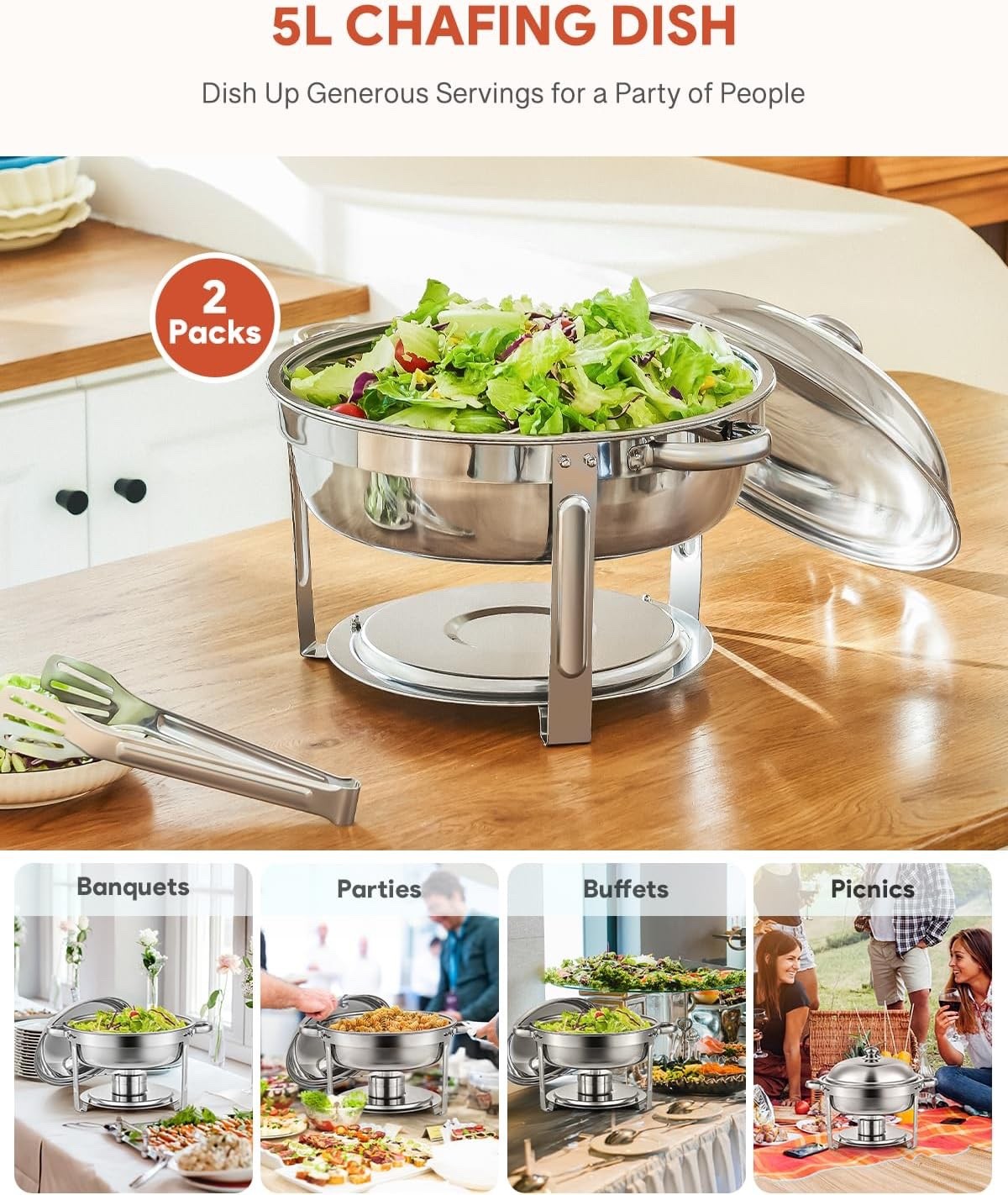 2x 5L Round Chafing Dish Stainless Steel Buffet Food Warmers Catering Set