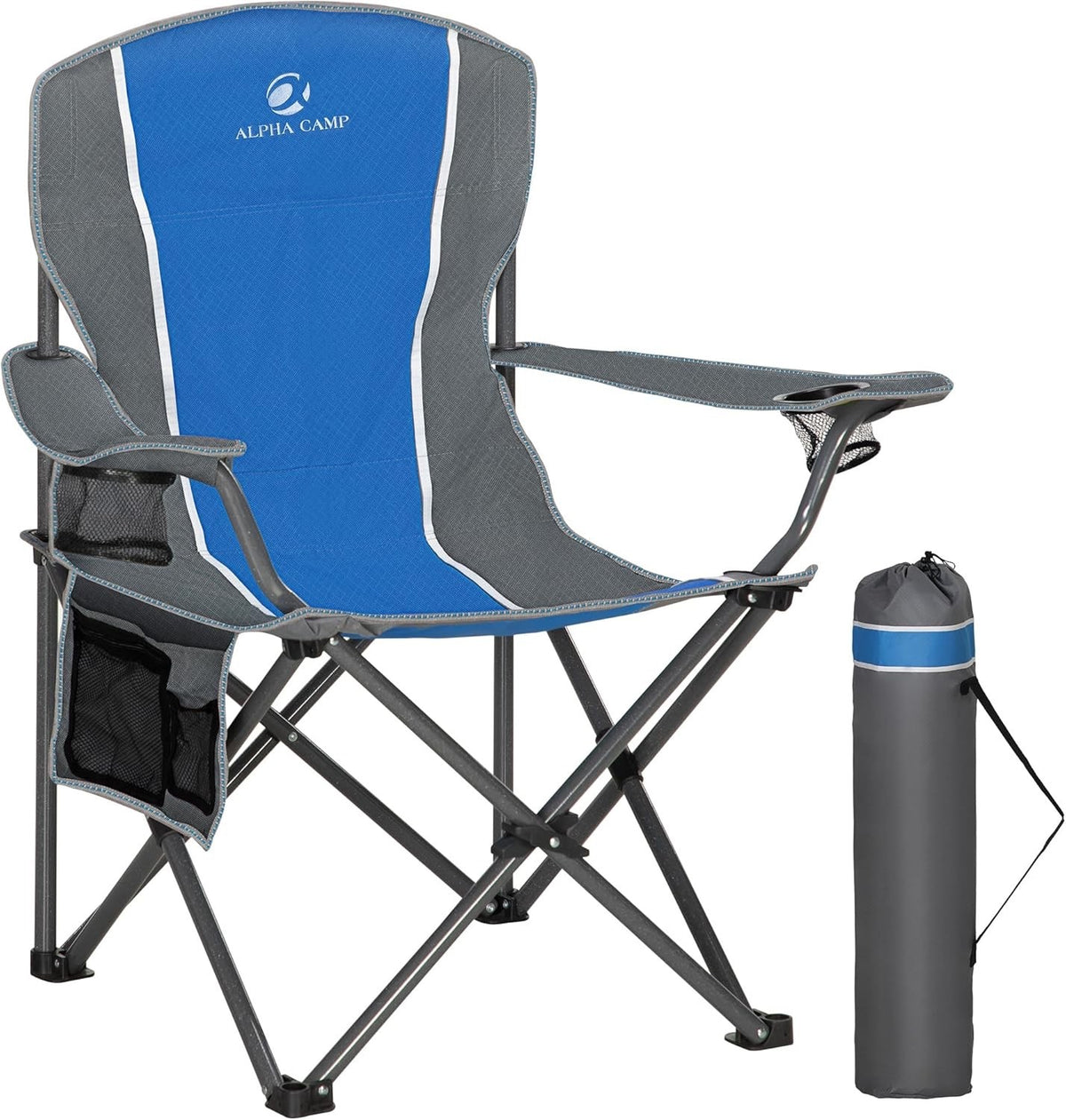 Folding Camping Chair Heavy Duty 160kg High Back Cup Holders Blue Carry Bag