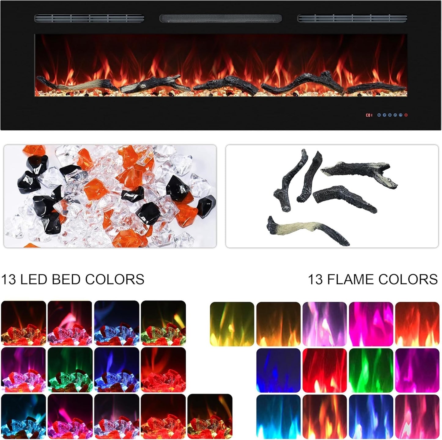 36in Electric Fireplace Insert Wall Mounted Recessed Heater Remote Timer LED