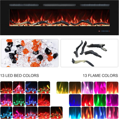 36in Electric Fireplace Insert Wall Mounted Recessed Heater Remote Timer LED