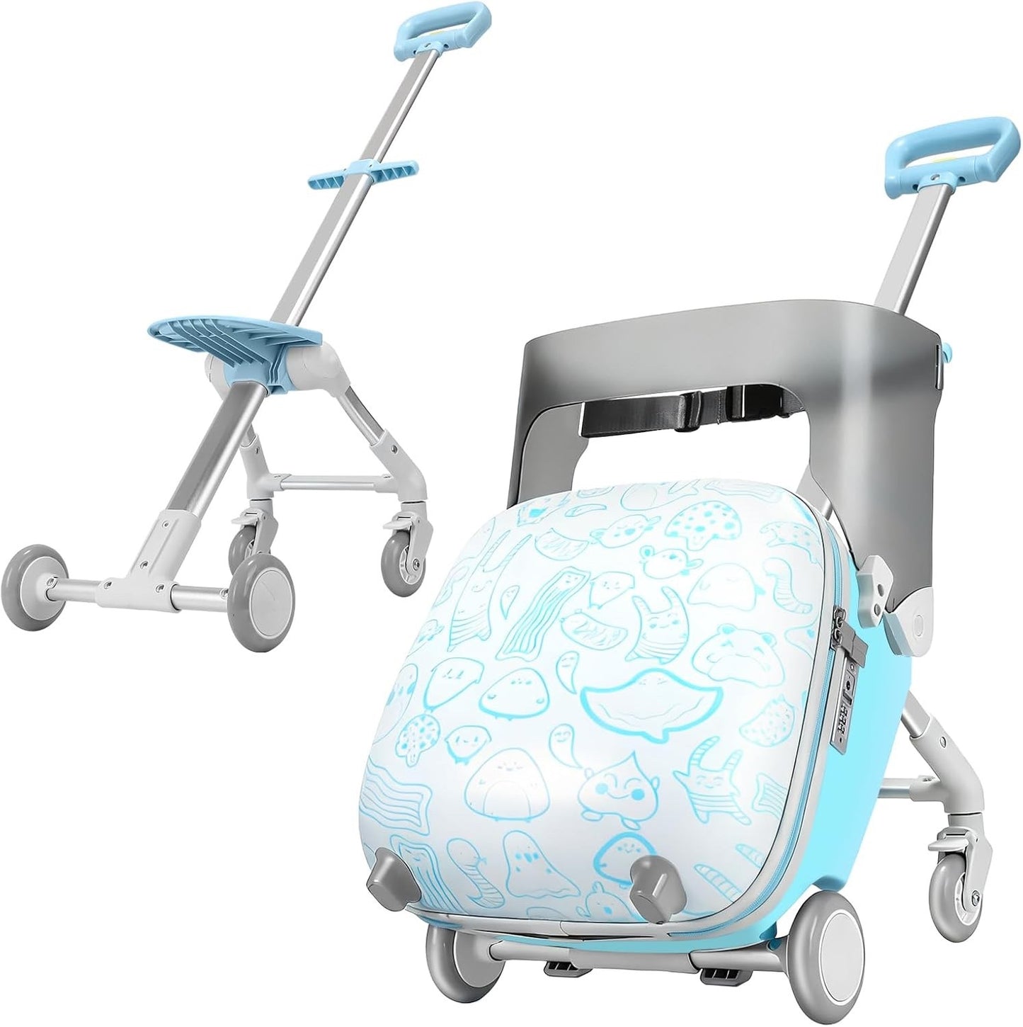 Kids Ride On Suitcase 20in Carry On Luggage Seat Stroller Wheels Guard Rail