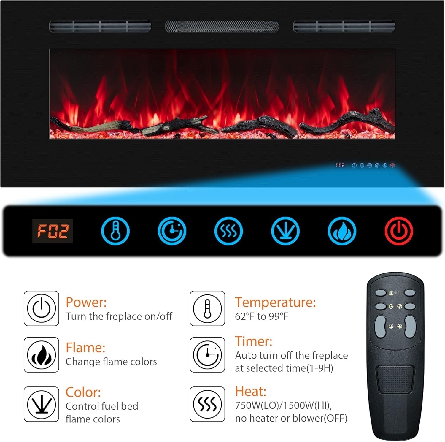 Electric Fireplace Heater 36in Wall Mounted Recessed LED Timer Remote Insert