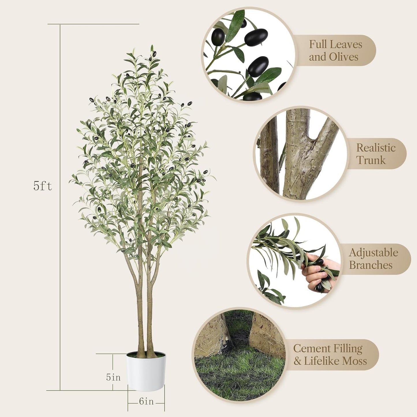 Artificial Olive Tree Plant 5FT 150cm Faux Lifelike Indoor Outdoor White Pot