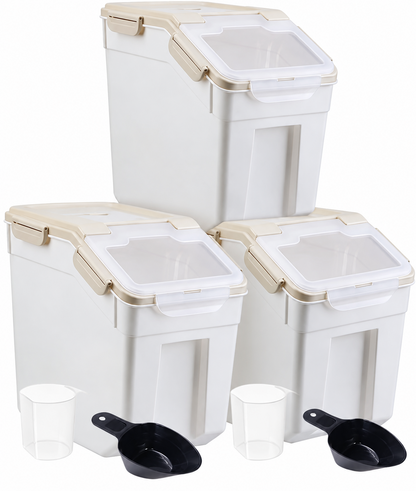 Flour Storage Containers 25lb 3 Pack Airtight Rice Bin Wheels Measuring Cup Grey