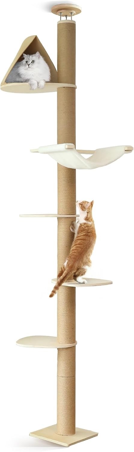 Cat Tree Floor Ceiling 6 Level Adjustable Climbing Scratching Beige AT11-1