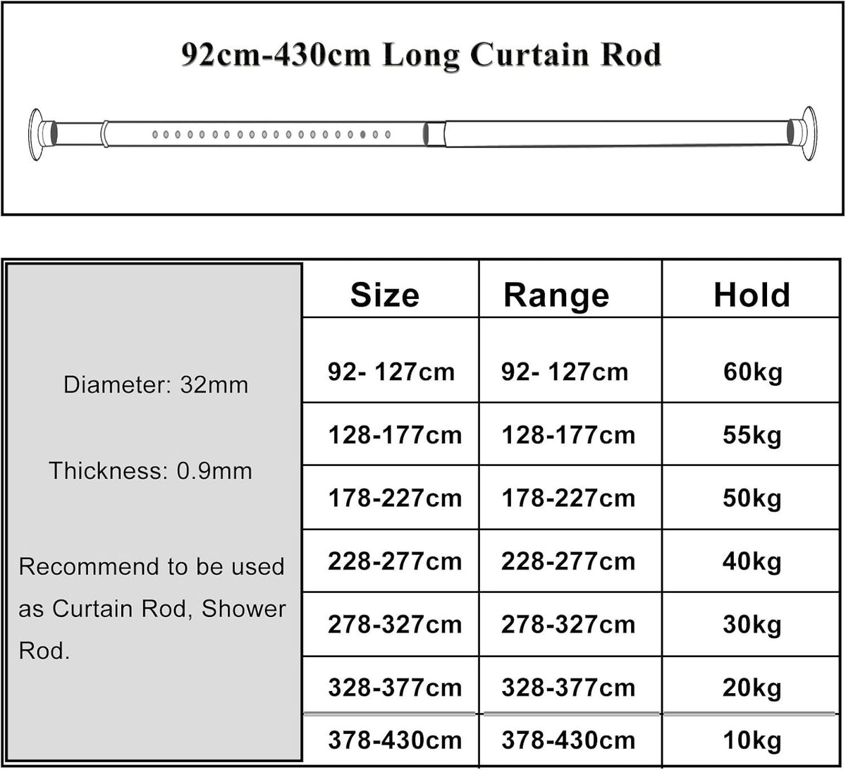 Curtain Pole Tension Rod 378-430cm Black 32mm No Drill Steel Extendable Long