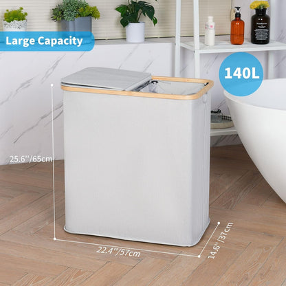 Efluky 140L Large Divided Wash Basket with Lid 2 Section Blue-grey