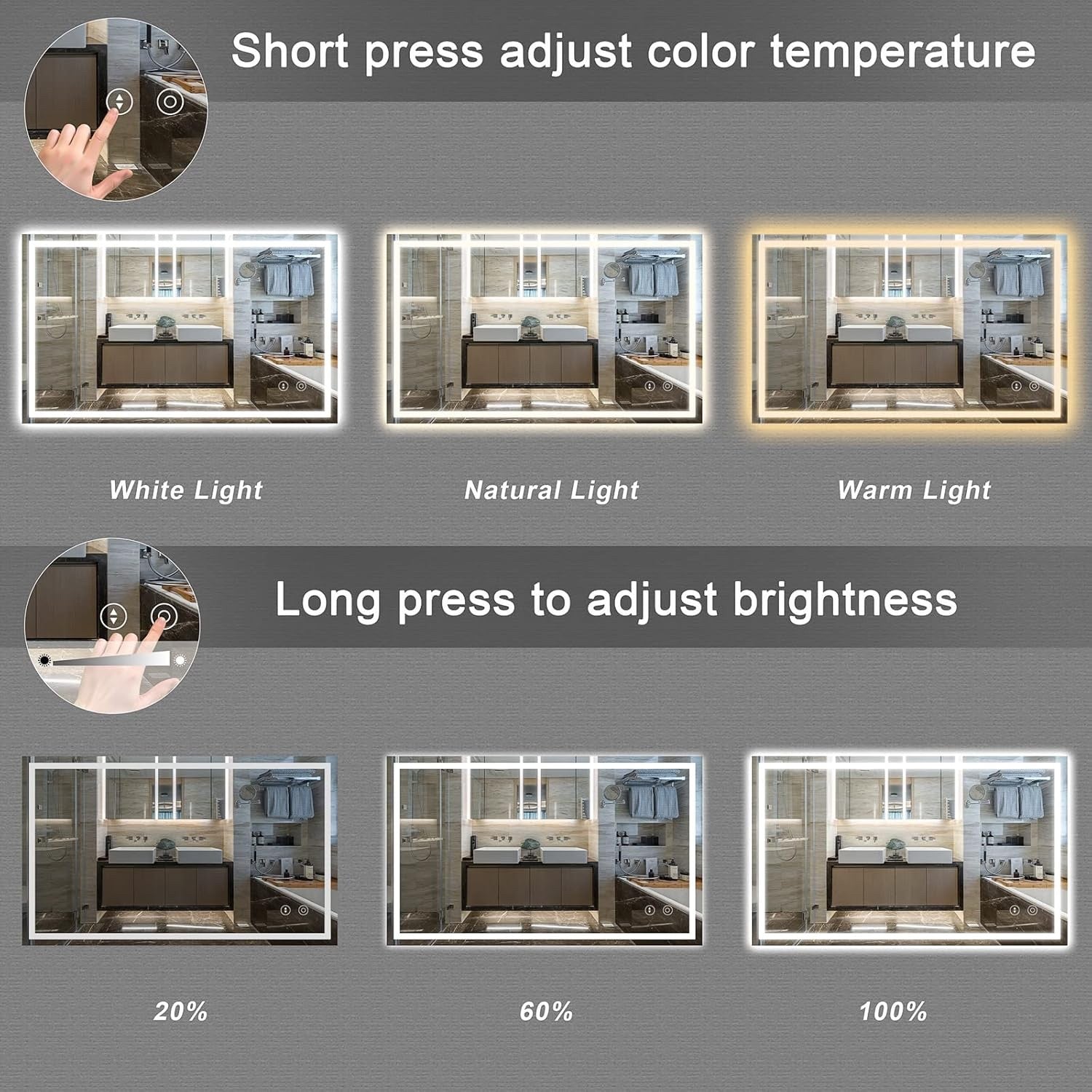 LED Bathroom Mirror 100x60cm Wall Mounted Backlit Anti Fog 3 Color Dimmer